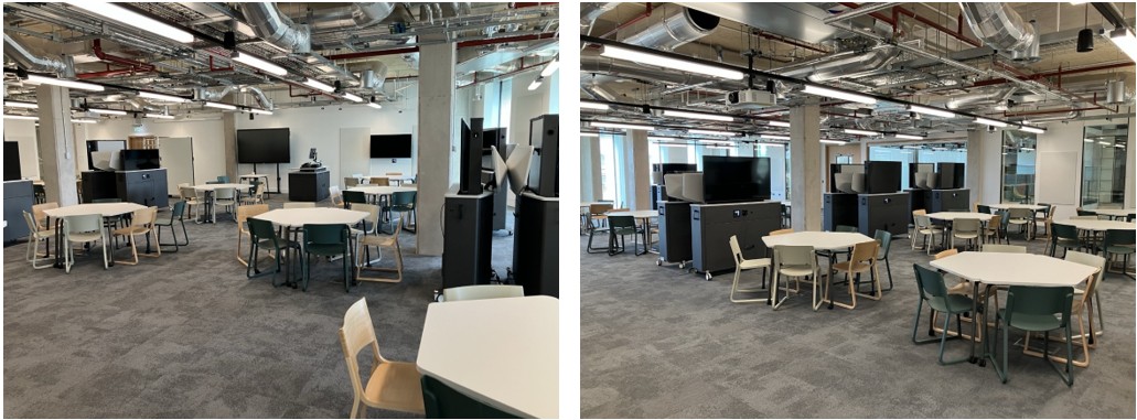 Classroom with table and chairs set up for active learning.